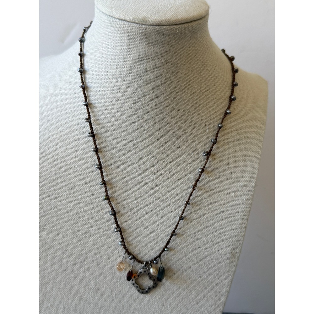 Stella & Dot Vintage Clover Charm Necklace Brown Cord Mixed Beads N913 17.5"